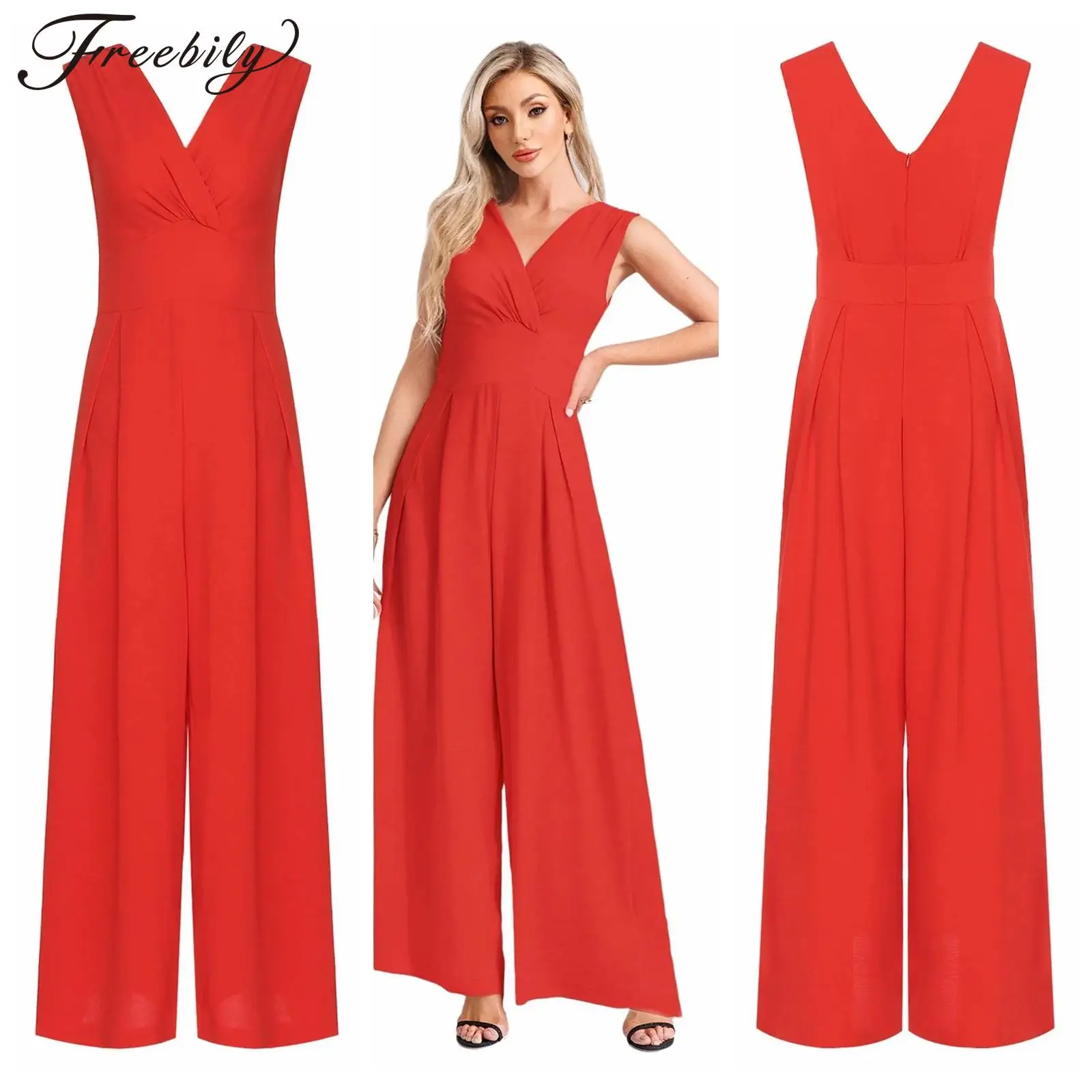 

Women V-neck Straight Pants Fashion Elegant Sleeveless High Waist Trousers OL Lady Wide Leg Jumpsuit for Woman Casual Clothes