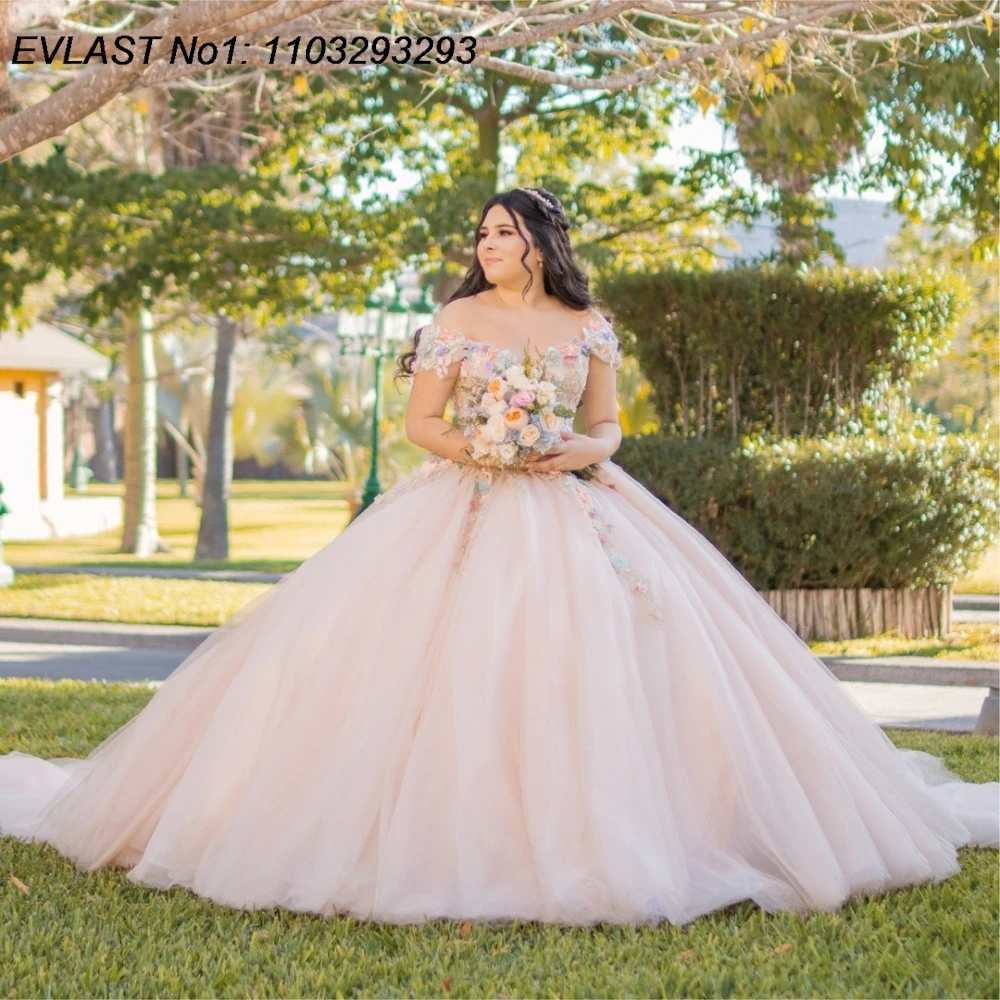 

EVLAST Customized Glitter 2025 Pink Ball Gown Quinceanera Dress Floral Applique Beading Bow Sweet 16 Vestidos De 15 Anos E1Q895