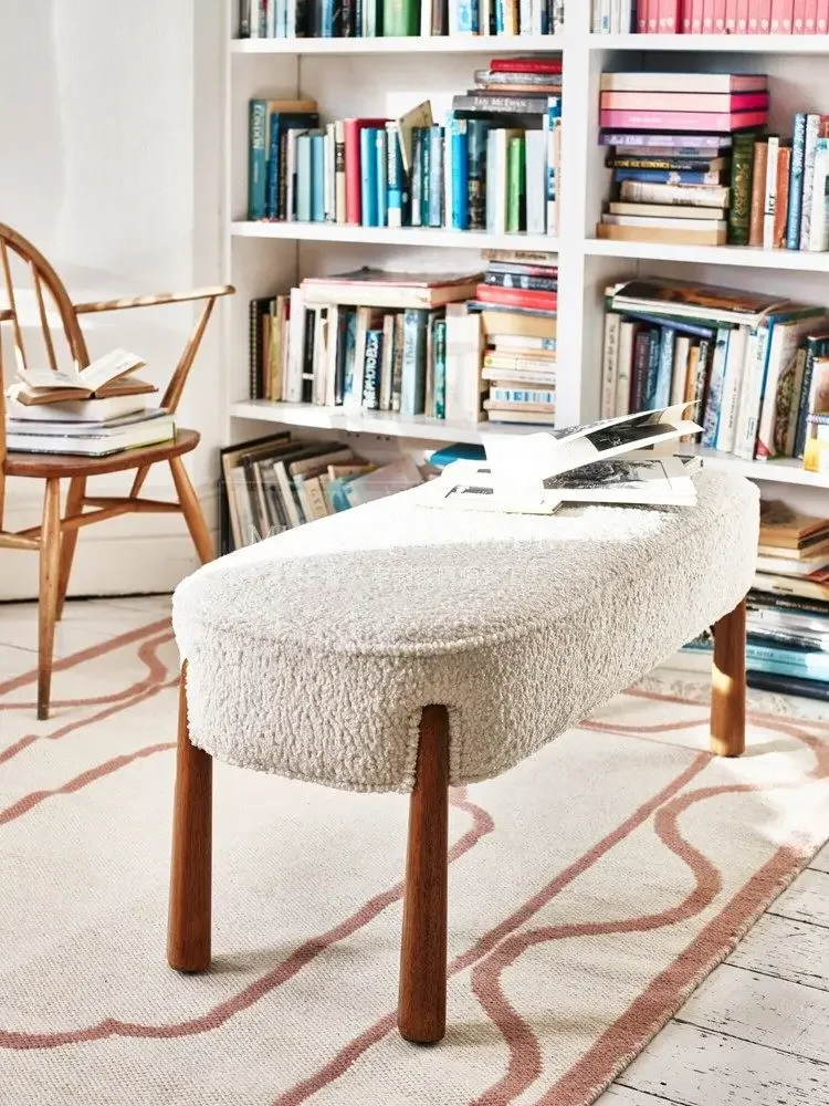 A Nordic Solid Wood Shoe Stool Living Room Imitation Lamb Wool Sofa, Bed And Breakfast Bench Fabric Bedroom Bedside Stool