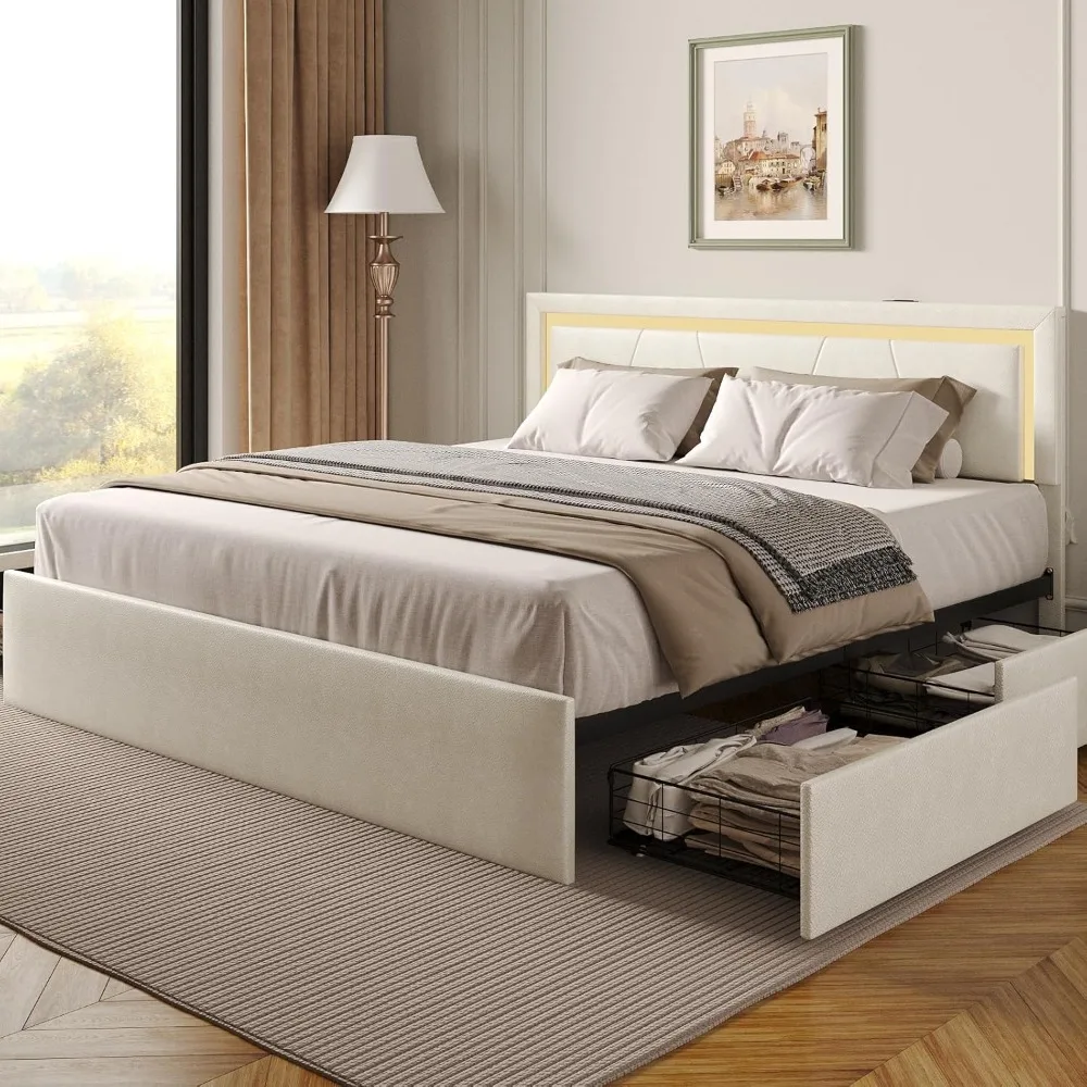 

Queen Bed Frame with 4 Storage Drawers and Adjustable Headboard, Upholstered Platform LED Bed with Type-C&USB Ports