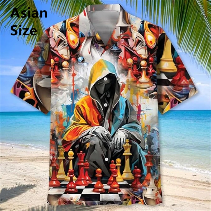 Vintage Chess Pattern Chemises Hommes 3D Printed Short Sleeve Lapel Hawaiian Shirts Summer Button Blouses Tops Men's Clothing