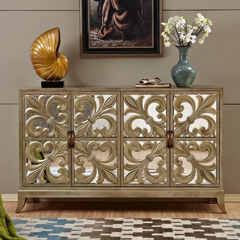 Neoclassical Retro Porch Cabinet Solid Wood Carved Shoe Storage Locker with Partition for Living Room Entrance Hallway
