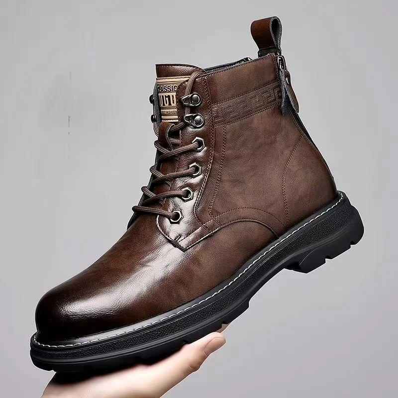 

Men's Autumn Winter Genuine Leather Ankle Boots Thick Sole Non Slip Round Toe High Top Plush Warm Waterproof Zippers Cotton Boot