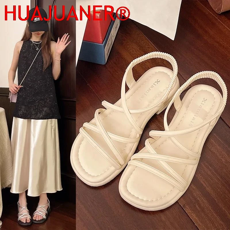 

Elegant Roman Style Flat Bottom Sandals Women's Summer Comfortable Non-Slip Breathable PU Leather Fashionable Ladies Slippers
