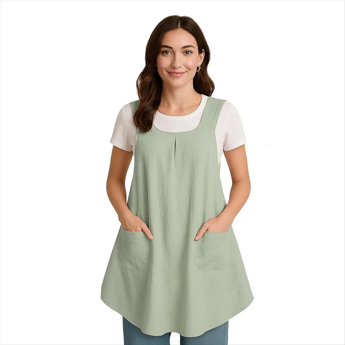 2026 Trend Apron with Pocket Cotton Linen, Japanese Back Apron for Gardening Painting Green
