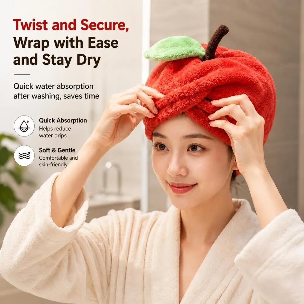 Super Absorbent Apple-shape Hair Drying Cap Thickened Coral Fleece Material Shower Bath Cap Soft Quick Dry Absorbent Hair Cap