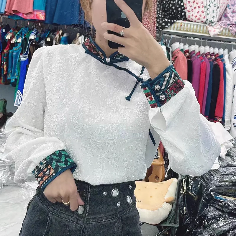 Koszula w stylu chińskim z nadrukiem retro, odzież mongolska