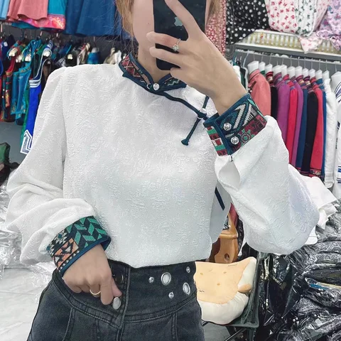 Chinese Ethnic Style Printed Retro Shirt Mongolian Clothing