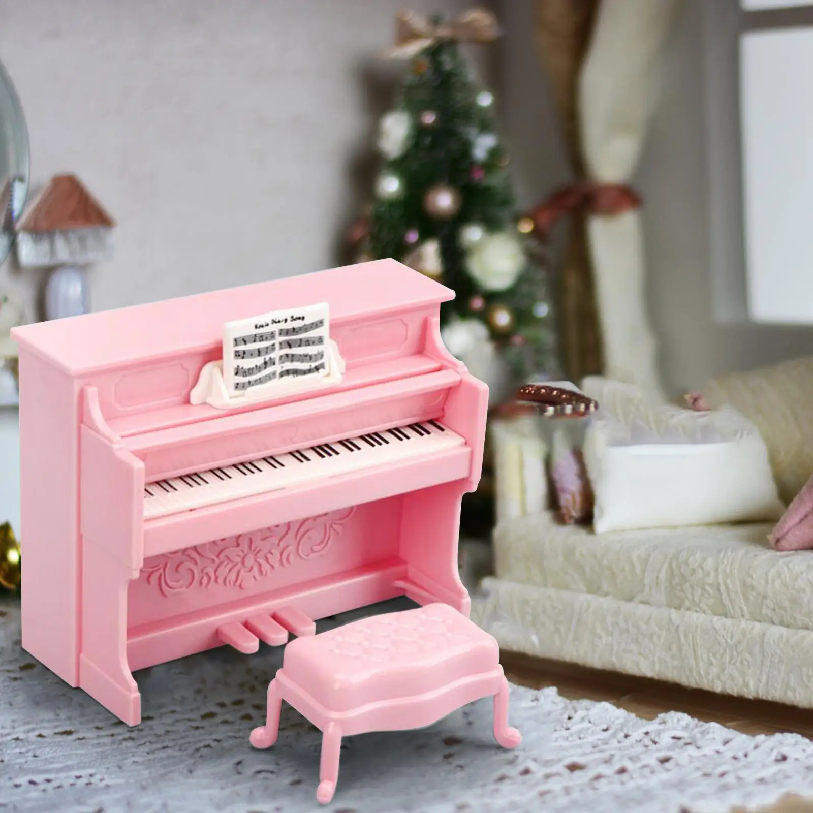 Piano en miniatura con taburete, accesorio de decoración, casa de muñecas de simulación simulada