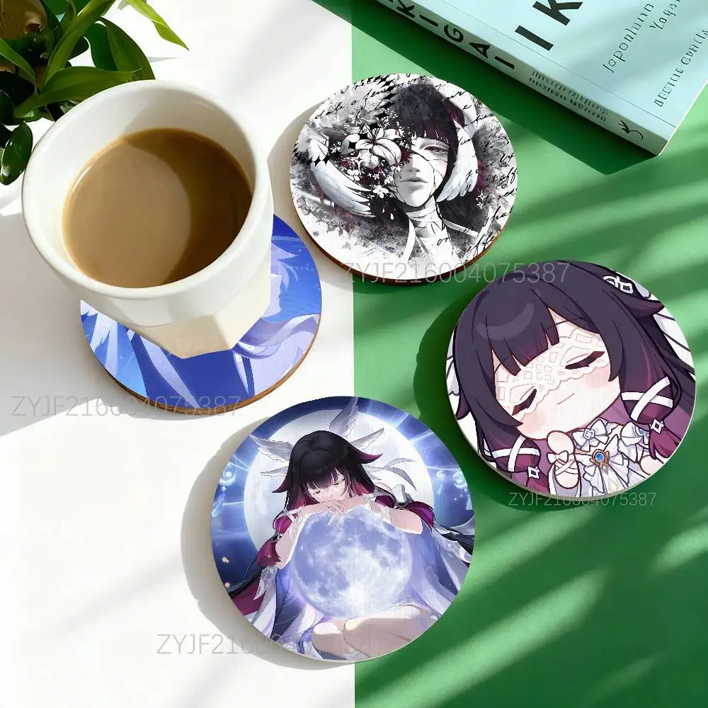 

G-Genshin Columbina Impact Round Wooden Coasters Heat Resistant Non-slip Drink Cafe Decoration 2D Flat Color Print Coasters Set