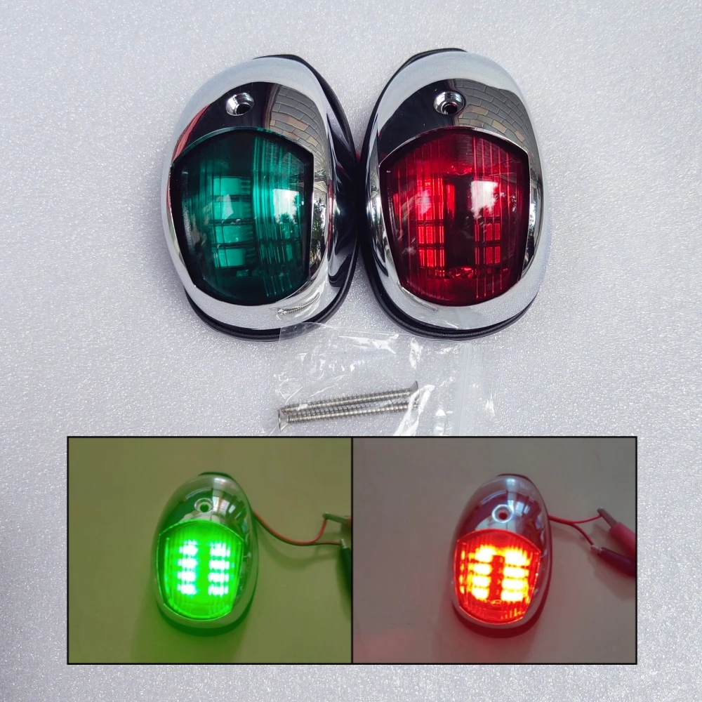 2Pcs Chrome Bezel LED Boat Navigation Lights 12V Red Green Position Light Marine Running Lights Yacht Sailing Lamp Waterproof