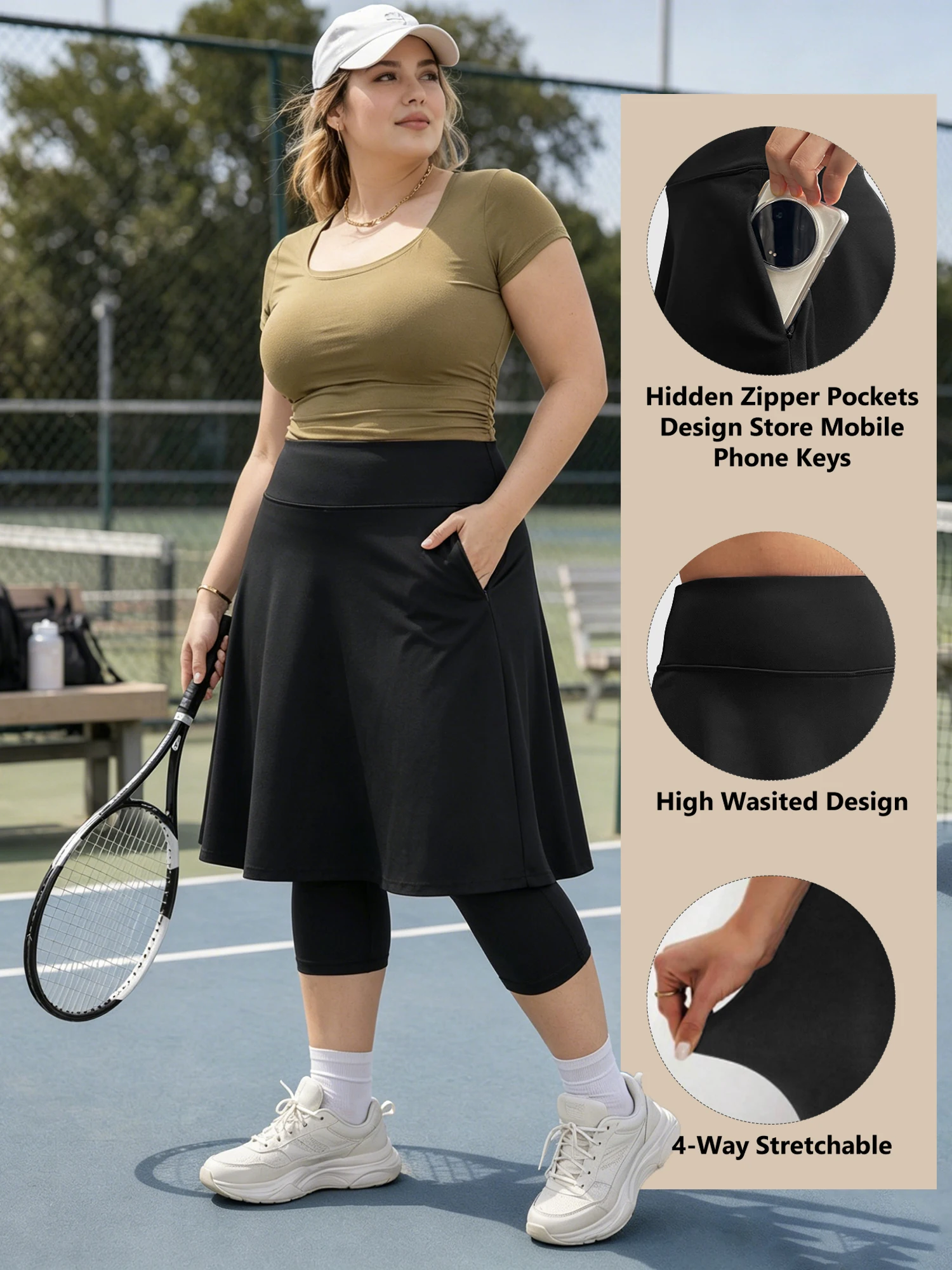 Plus Skirted Capris Skorts Women Long Knee Length Skirt with Capris Leggings,Skirted Leggings with High Waisted Zipper Pockets