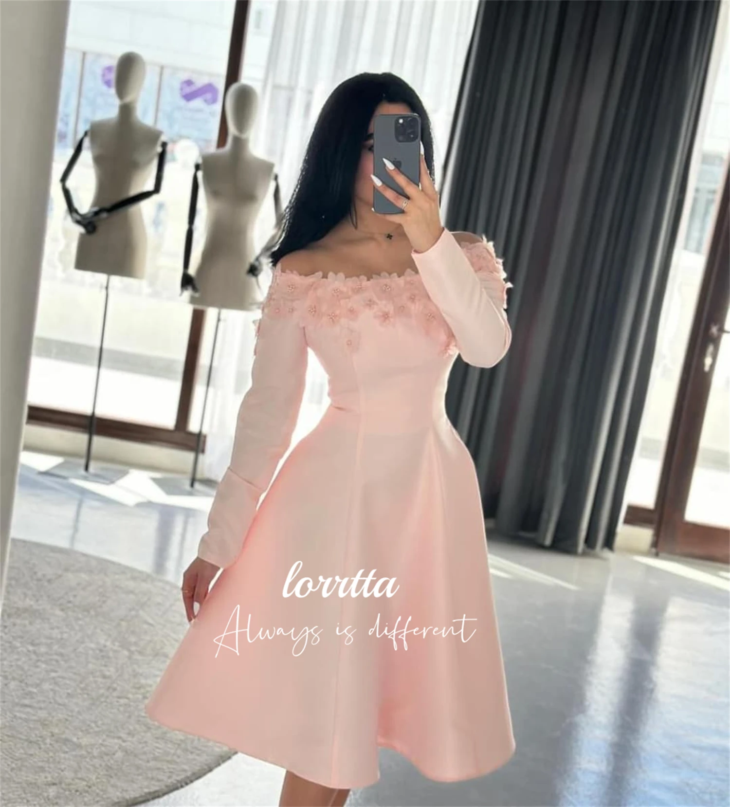 Lorrtta Flower Decoration Evening Dress Party Long Sleeves Medium Length Dresses Gala Robes De Cocktail Robe Womens Customized