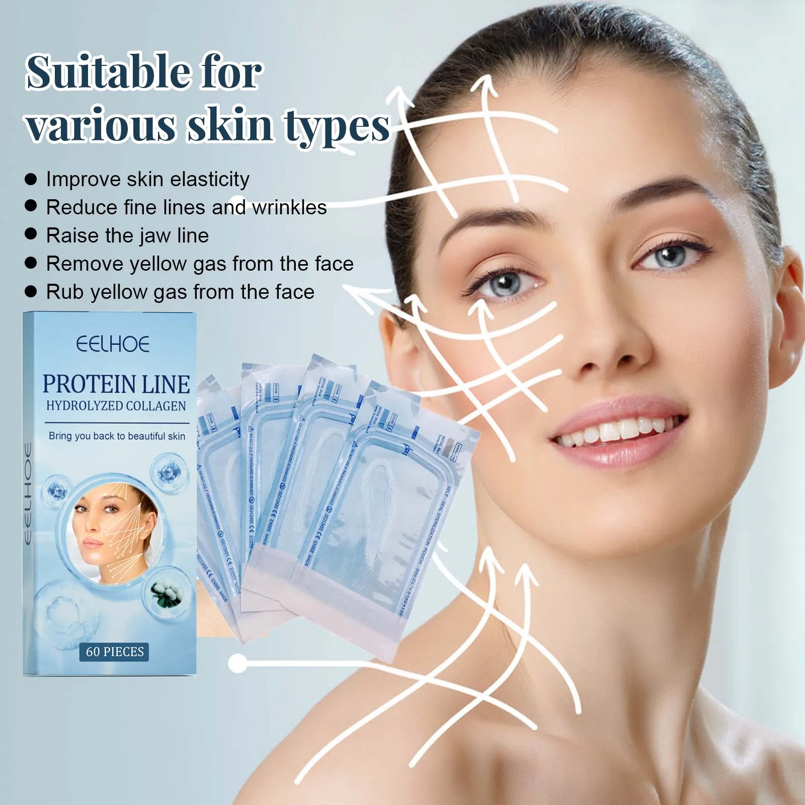 60Pcs Gold Protein Line Fade Wrinkle Firming Facial No Needle Absorbable Smoothing Hydrolyzed Collagen Thread Serum