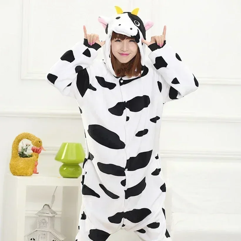 Women Men Onesies Cow Kigurumi Animal Pajamas Unisex Adults Flannel Hooded Jumpsuits Zipper Sleepwear Anime Party Cosplay