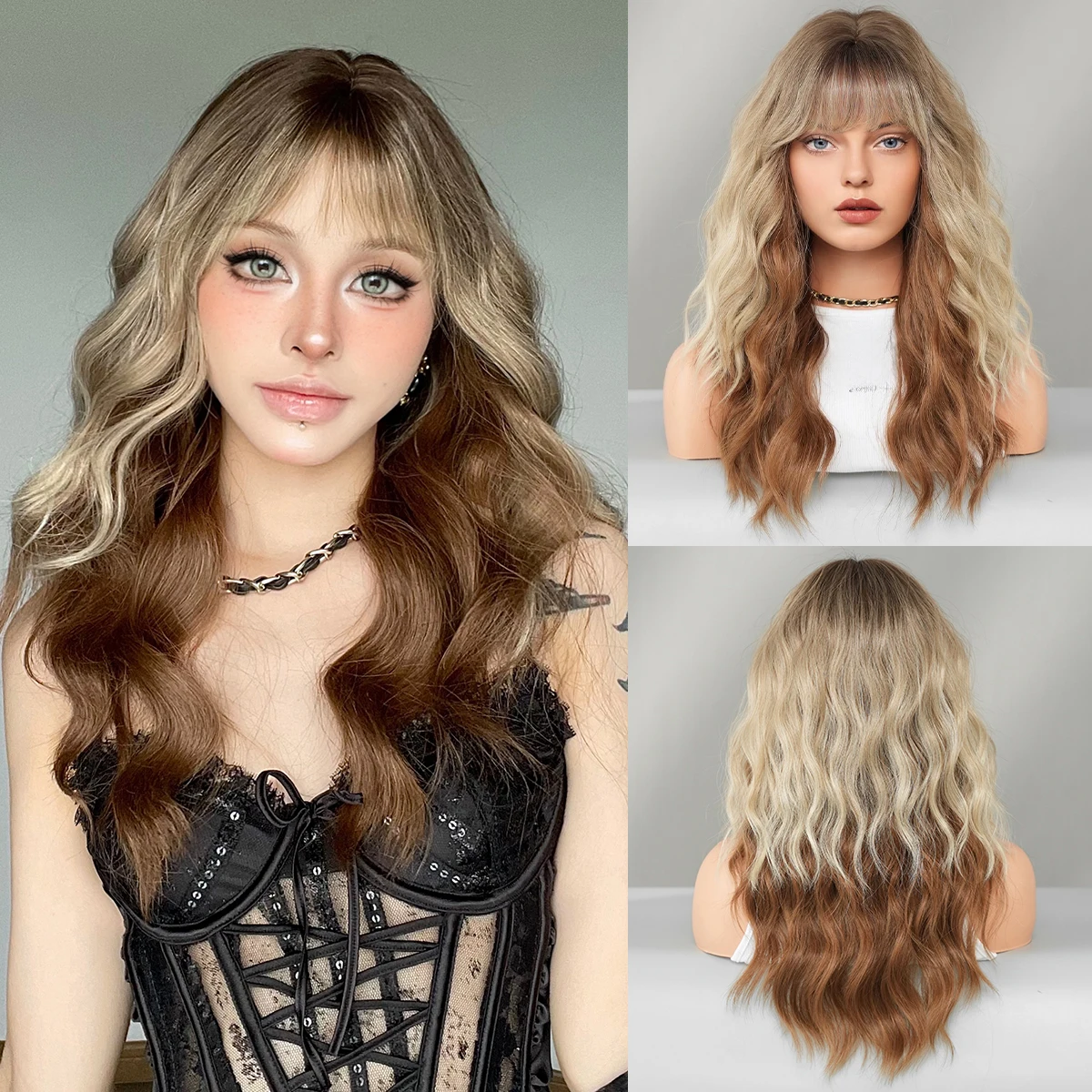 

Long Water Wave Blonde Ombre Copper Wig for Women Synthetic Heat-Resistant Modest Fashion Wear and Go Wigs with Dark Roots