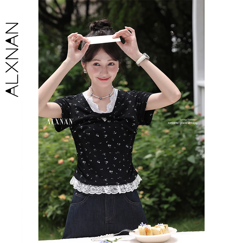 

ALXNAN женская футболка, черная кружевная футболка с короткими рукавами и цветочным принтом, тренд 2025, летние повседневные облегающие топы с v-образным вырезом, офисные женские топы L558119