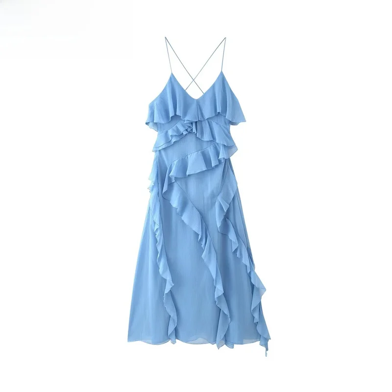 ZBZR Frühling Neue Damen Dr. Bal Layered Dekoration Spitzenbesatz Dr. Ele Hohe Taille Svel Midirock V-ne Reißverschluss