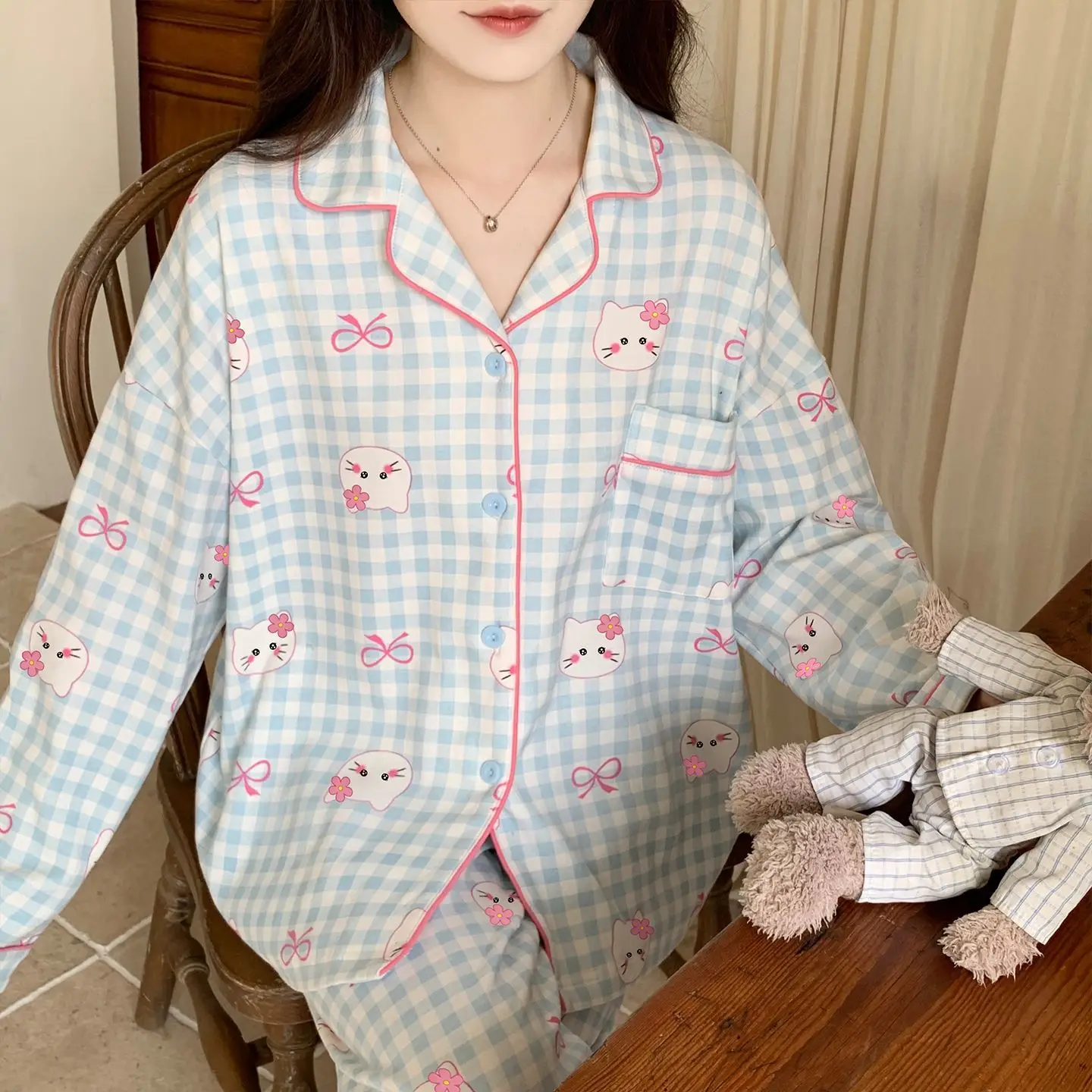 

Sanrio Hello Kitty Women's Pajamas Set Spring Autumn Cute Long Sleeve Cardigan Loose Fit Korean Style Student Home Loungewear