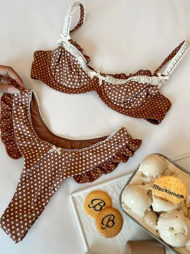 Imagen 1 del producto 2025 Traje de baño de dos piezas para mujer de moda Adorable diseño de puntos de chocolate con detalle de encaje perfecto para ropa de playa y fiestas en la piscina