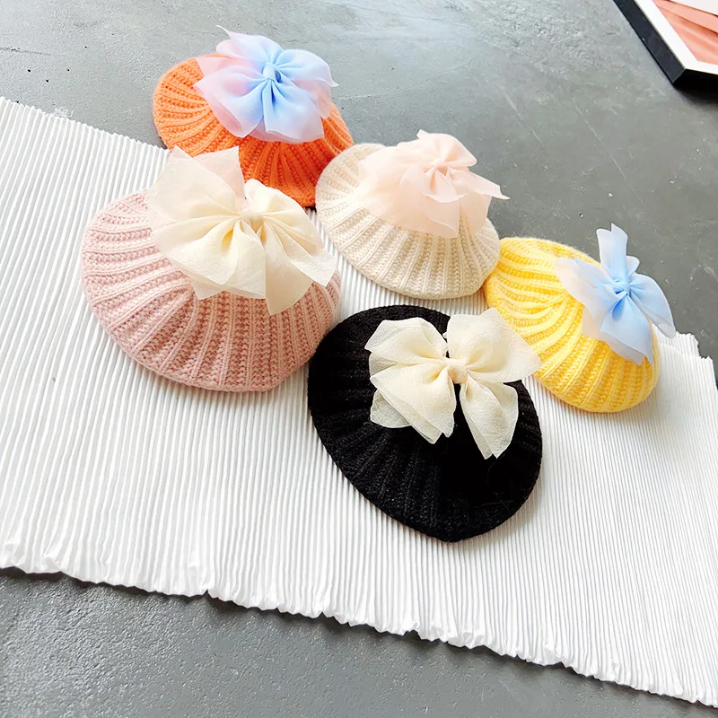 New Autumn Baby Bow Hat Berets for Girls Vintage Soft Knitted Cap Kids Infant Girl Bonnets Beret Hats Painter Hat Accessories