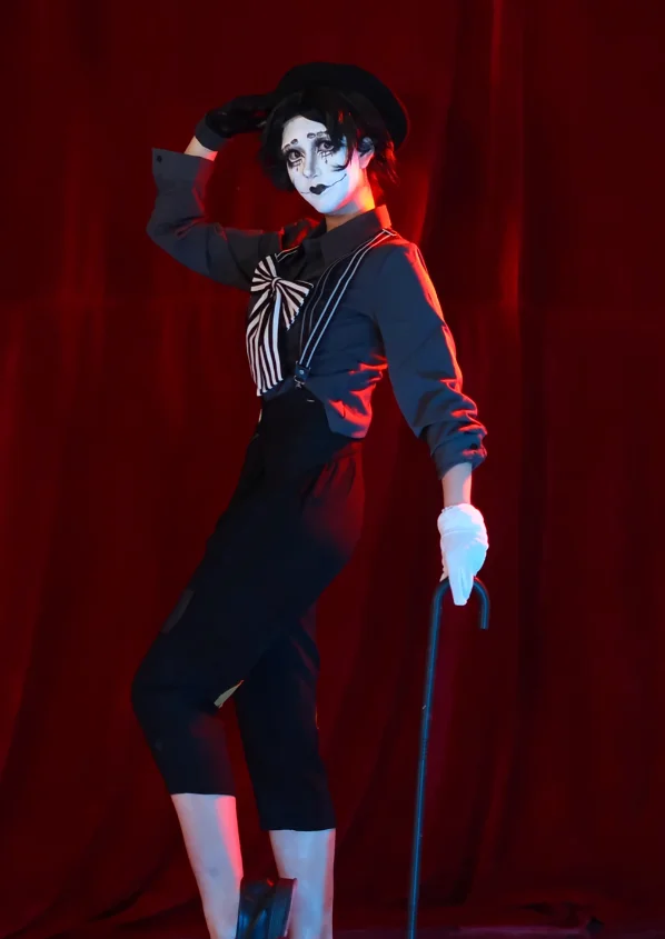 Costume de cosplay pour homme et femme, personnage de jeu Identity V, Clio De Kru, artiste mime, uniforme quotidien d'Halloween, salopette, chemises, chapeaux