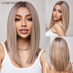 LOUIS FERRE 13*1 koronkowe brązowe peruki syntetyczne krótkie Ombre blond brązowa peruka z prostymi włosami naturalne puszyste codzienne włókno termoodporne