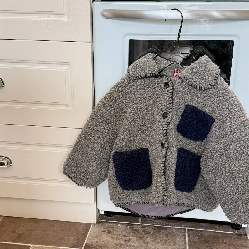 

2025 New Winter Children Fleece Thicken Coats Pockets Patchwork Baby Girls Warm Outerwear