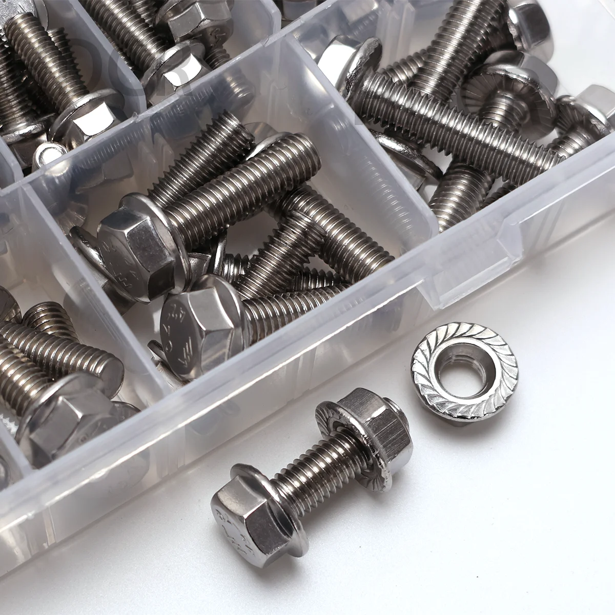 

132pcs stainless steel hexagonal flange bolt and nut set, M5, M6, M8 flange bolts and nuts, flange plate, for DIY projects.