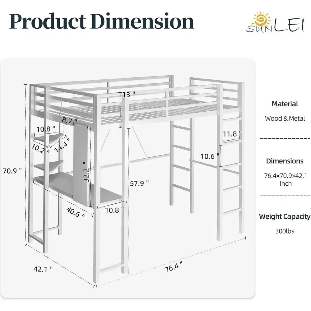 Twin Lot Bed with Desk, 2 Built-in Ladders & Safety Guard, Ideal for Small Spaces, Matte White