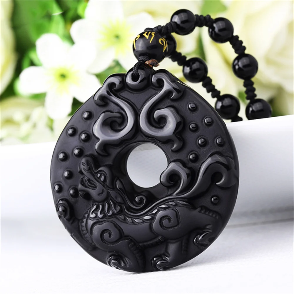 Trendy Natural Black Obsidian Carved Chinese Handwork Ancient Kylin PiXiu Hollow Lucky Pendant Beads Necklace Gift Jewelry