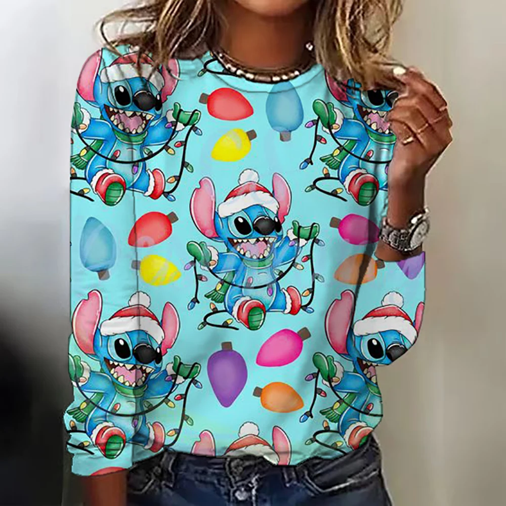 New women\'s round neck T-shirt long sleeved top Disney Christmas Stitch print fashionable and trendy women\'s T-shirt top for aut