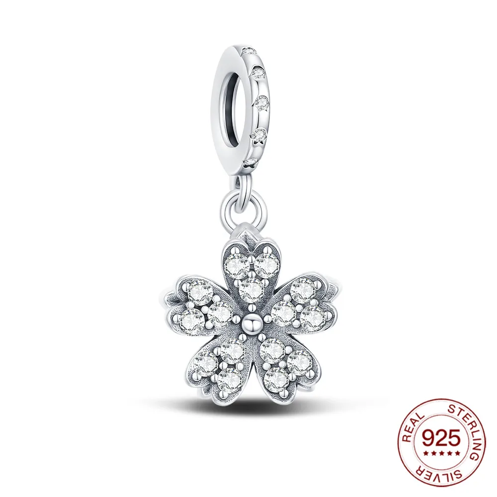 925 Sterling Silber Rosa Kirschblüten-Charms Naturanhänger Passend für Original-Armbänder DIY Schmuckherstellung für Frauen Geschenke