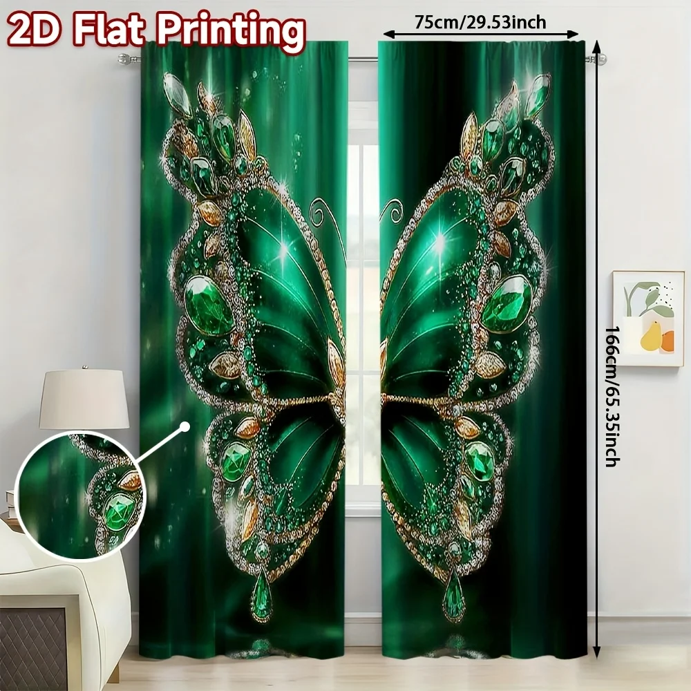 2D Flat 2pcs Emerald Butterfly Curtains Jewel Tone Animal Print Drape Bedroom LuxuryDecor Glitter GemstoneWindow TreatmentPanels