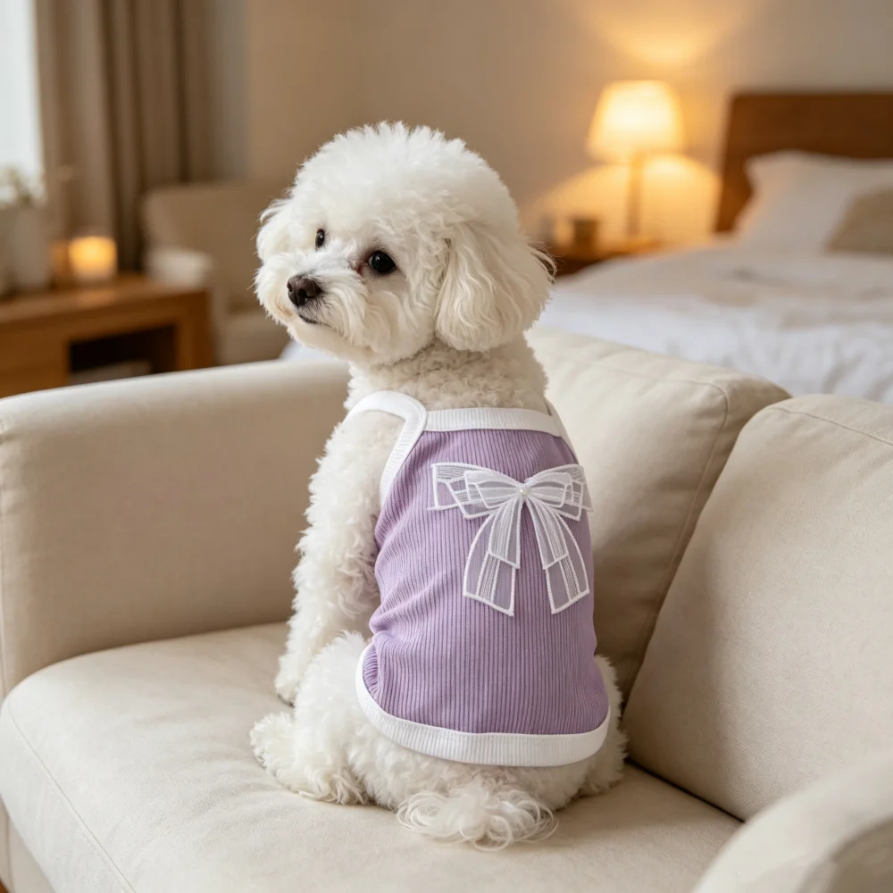 1pc Cute Princess Dog Sling Tank Top Elastic Vertical Stripe Pet Clothes White Lace Bow Decor Vest for Small Breed Dogs Cats