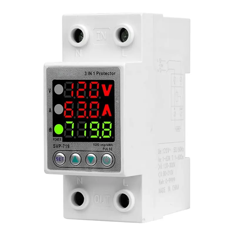 AT82-SVP719 Single Phase Low Voltage Monitor Relay 3 LED Display 63A Voltage Surge Protector With Limit Current Protection