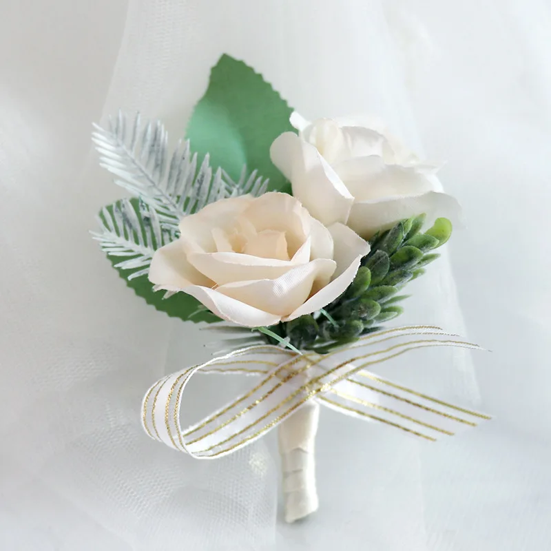 Light Champagne Rose Artifical Flowers Boutonniere Groomsmen Wedding Accessories corsage para damas de honor