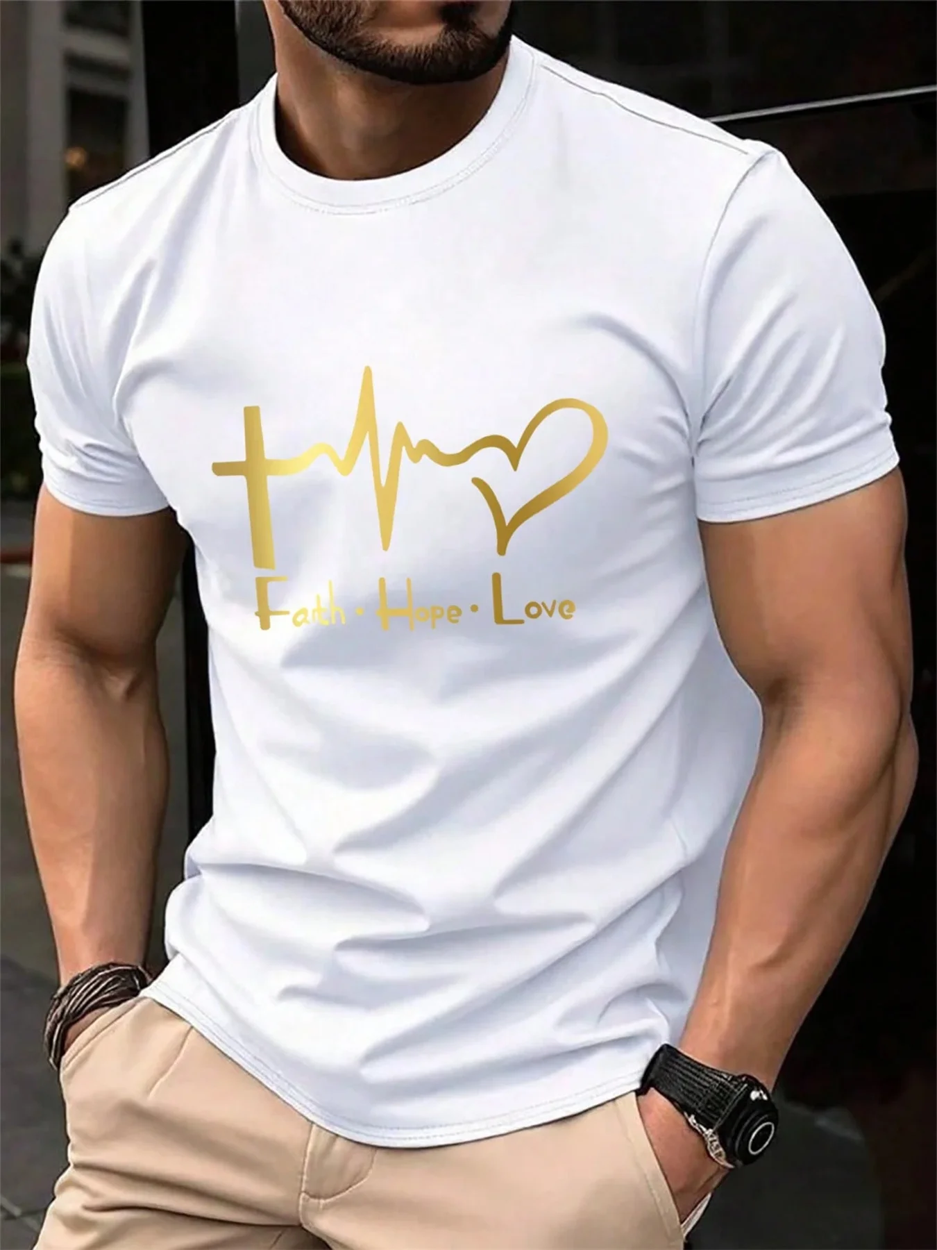 Men's Summer 100% Cotton Fashionable Casual Loose Large Size FAITH HOPE LOVE Printed Sports Round Neck Short Sleeve T-shirt Top image 2