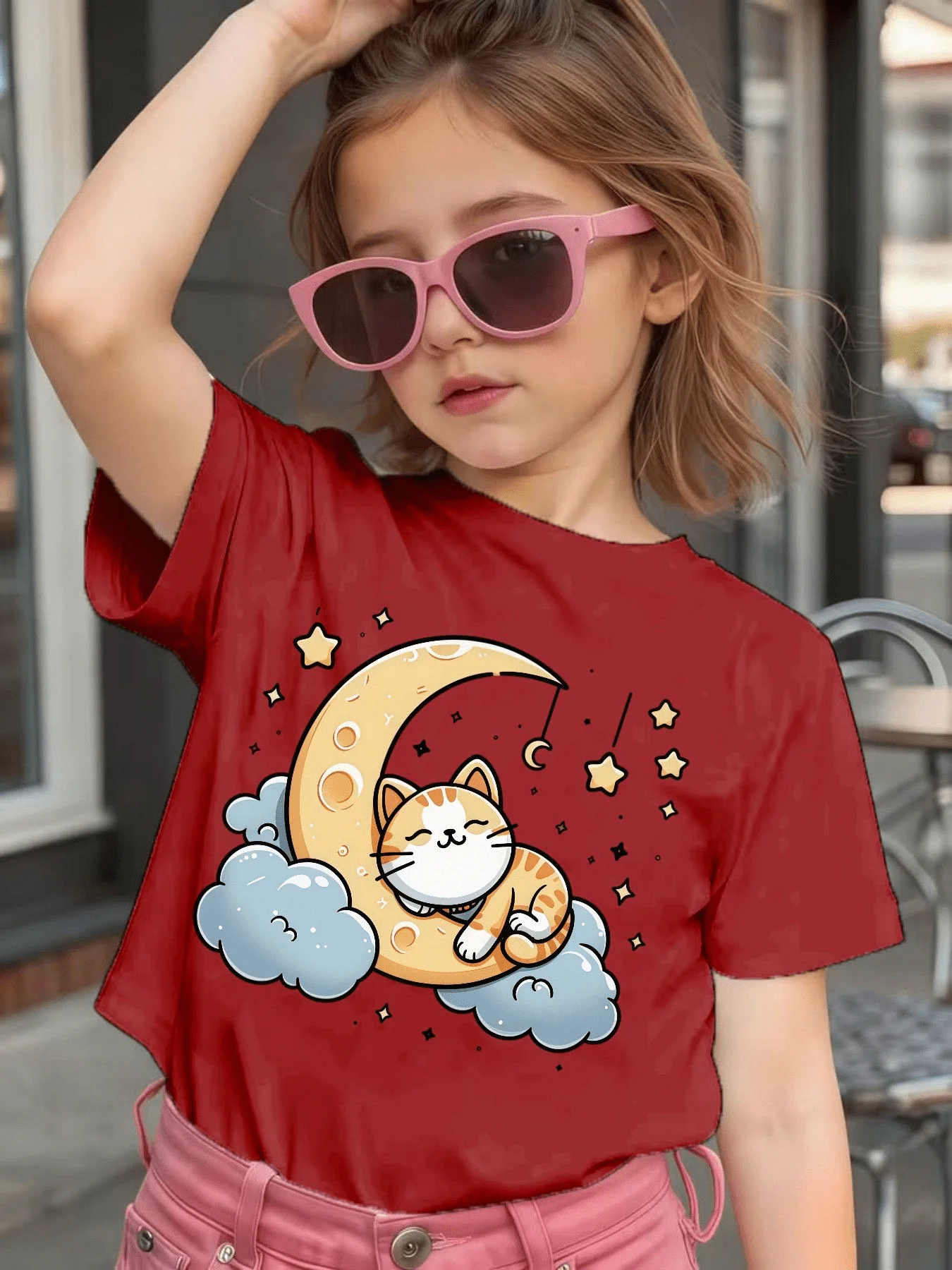 Cute Sleeping Cat Moon Cloud Cartoon Graphic Kids Tee Boys Girls Family Matching Cotton Crew Neck Short Sleeve Soft Summer Tee