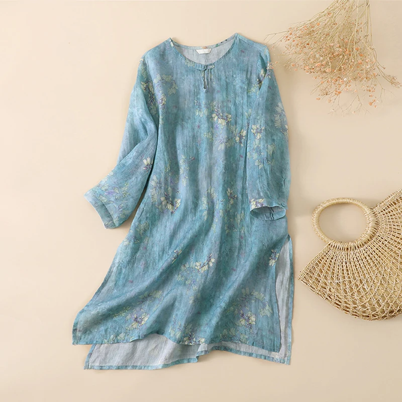 Lekkie bluzki damskie zmniejszające wiek mieszanki bawełny Vintage kwiatowy Print Kaftan O-Neck pół rękawa kobiece eleganckie koszule plażowe