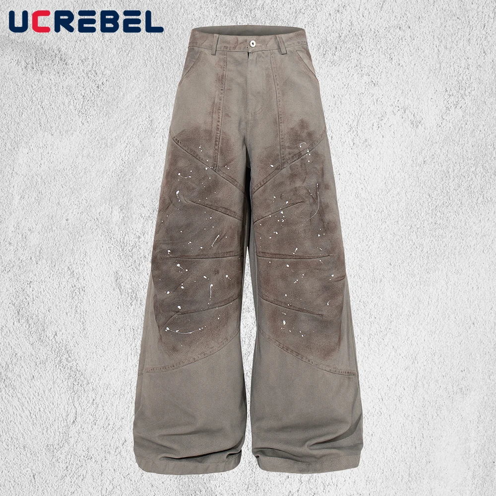 Splash ink Distressed Cargo Pants Mens Spliced Pocket Retro High Street Wide leg Straight Baggy Trousers Man