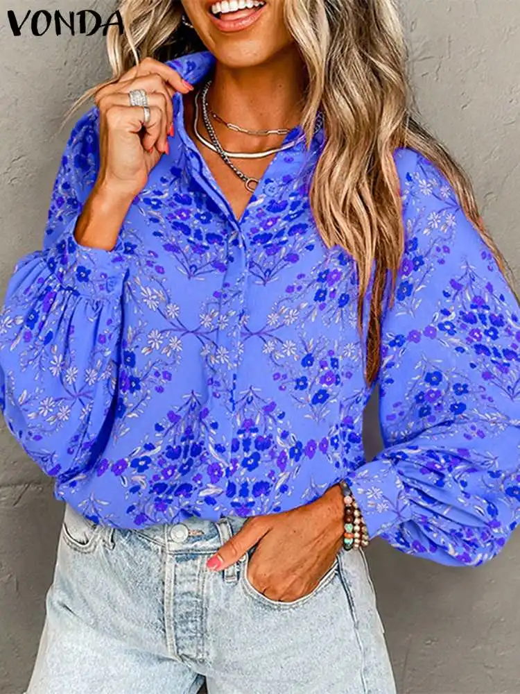 

VONDA Plus Size Women Printed Shirts 2024 Women Elegant OL Blouses Casual Loose Tops Tunic Sexy Lapel Neck Party Shirts Blusas