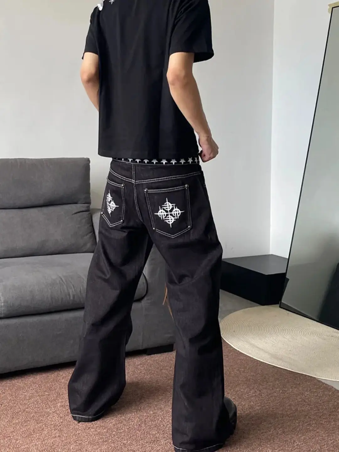 Leopard Print Splicing Fake Two-piece Men's Jeans Fashion Street Style Pants Wide Leg Male Trendy Casual Streetwear Trousers