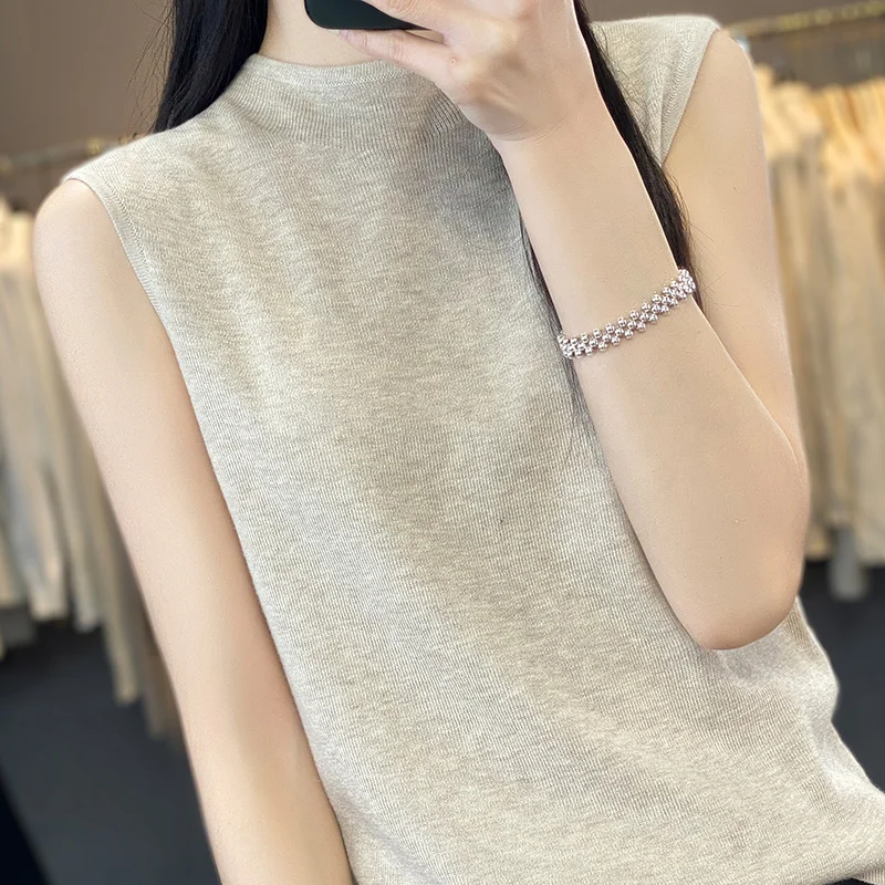 

2023 Spring/Summer New Worn Wool Knitted Sleeveless Head Half High Collar Women's Outwear Bottom Top