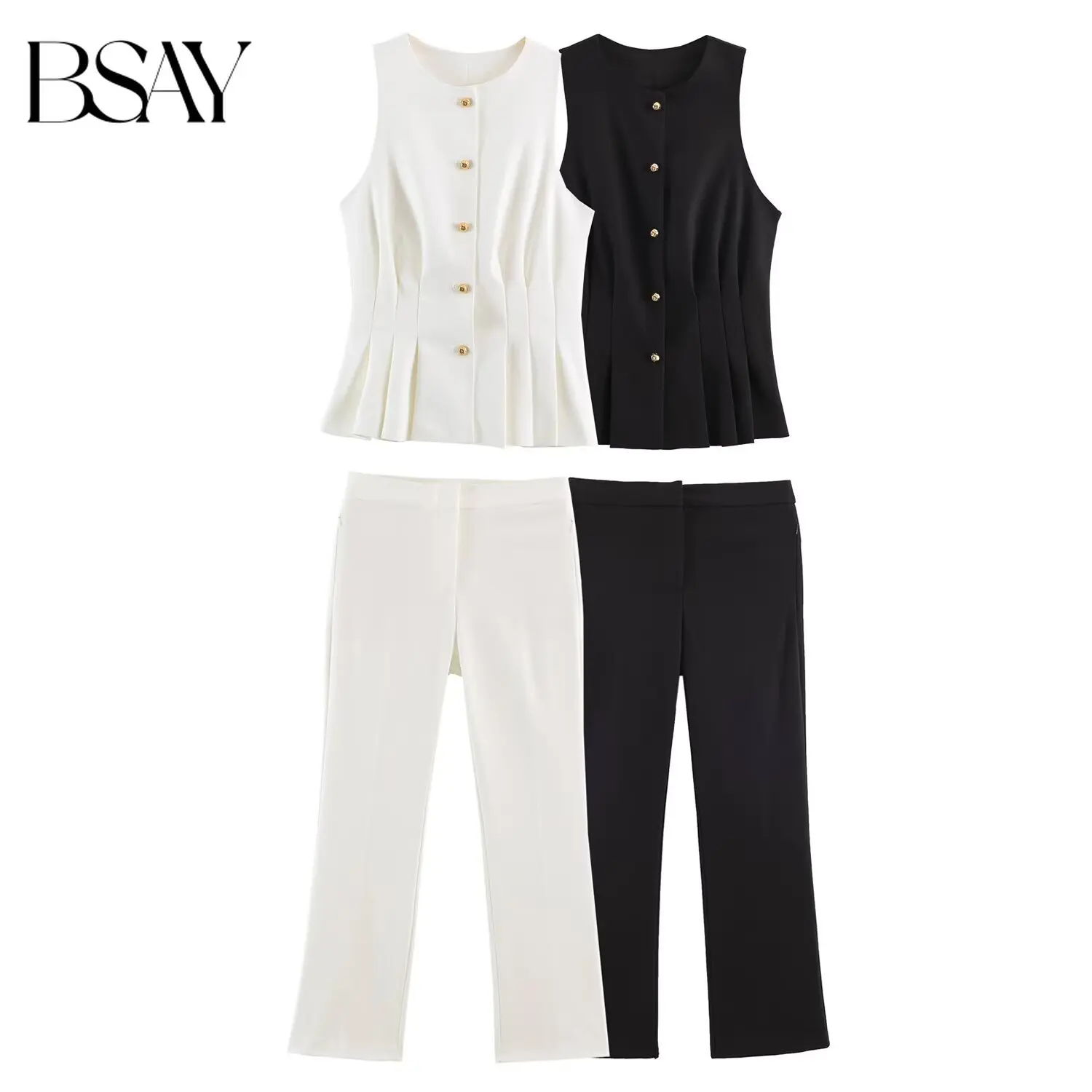 BSAY Women's Elegant Commuter 2 Piece Sleeveless Round Neck Gold Button Pleated Vest with High Waist Flare Pants Matching Outfit