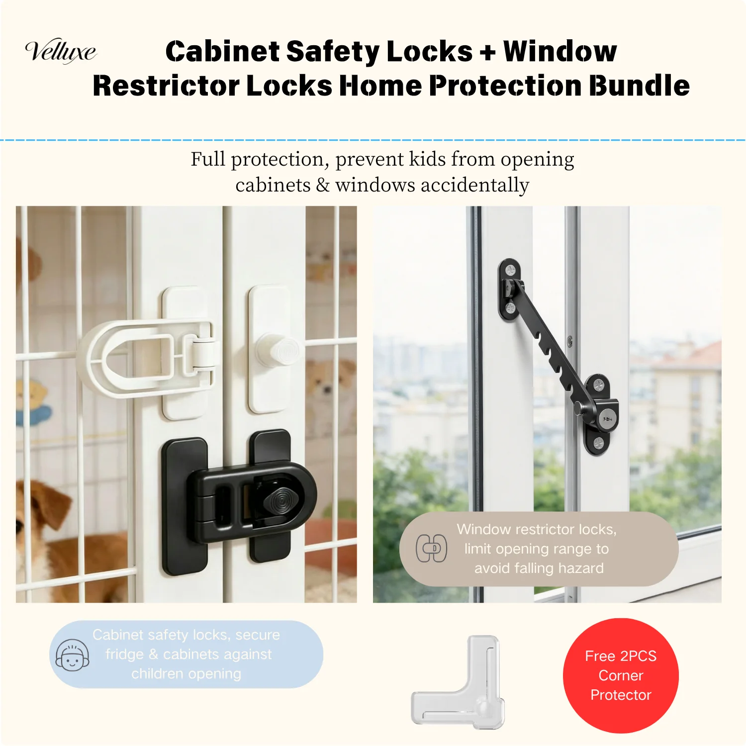 Baby Cabinet Safety Locks 3Pcs& Window Restrictor Lock Bundle, Childproof Locks for Fridge Oven Cabinet Casement Window, Home S