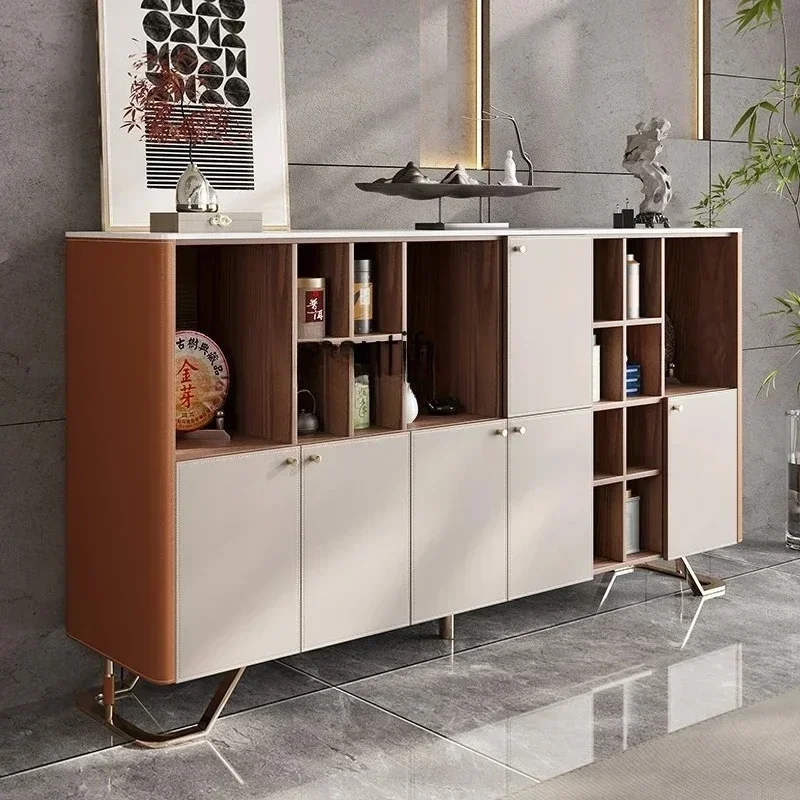 Minimalist tea cabinet against the wall Meal side locker Solid wood storage Saddle leather tea cabinet