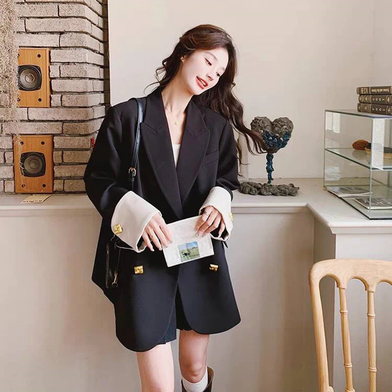 Korean Loose Women\'s Blazer Black Classic Suit Jackets Fashion Double Breasted Outerwear Elegant Luxury Spring Fall Coats