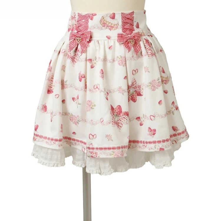 ฤดูร้อนของญี่ปุ่น Sweet Mine Series เอวสูงพิมพ์โบว์ฟองแขนสั้นชุดและกระโปรงด้านล่างชุดสองชิ้น