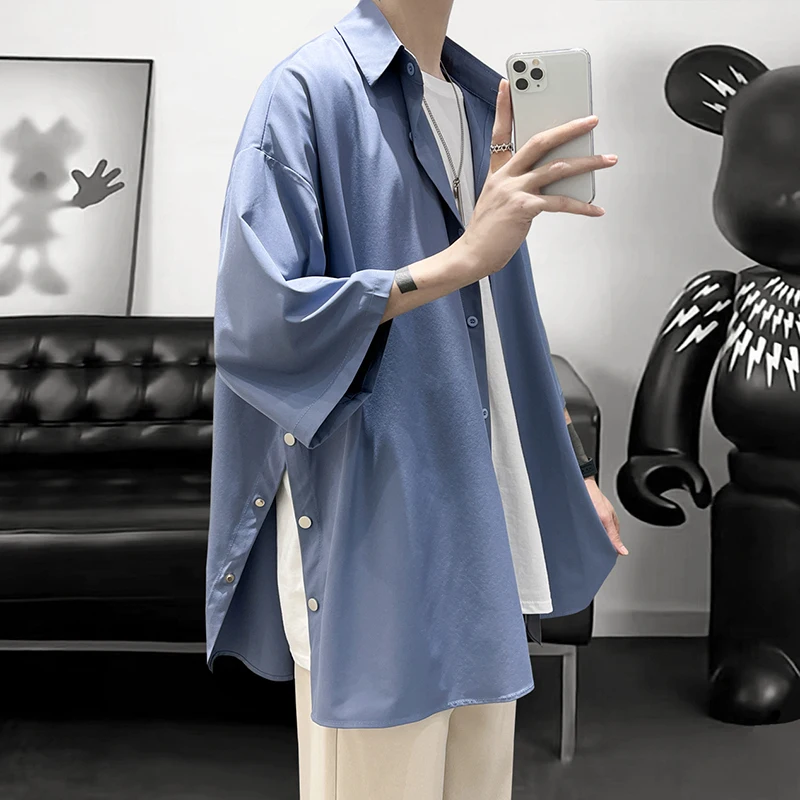 Summer Short Sleeved Shirt Men Oversized Social Mens Black Dress Shirt Korean Loose Casual Ice Silk Shirt Mens White Shirts